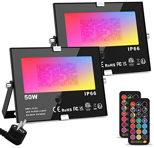 ChangM 2 x 50W Focos LED RGB Exterior, Foco LED Proyector Colores IP66, Foco 12 Colores con Control Remoto, 4 Modos, Función de Memoria y Temporizador, Decoración Jardín Fiesta Hotel