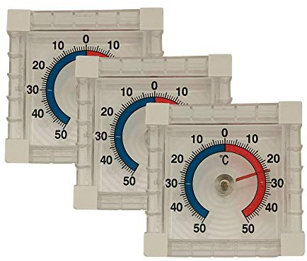 Iloda® 3X Fensterthermometer selbstklebend, transparent und analog ca. 7,5x7,5cm aus Kunststoff, Außenthermometer für Fenster, Thermometer Außen