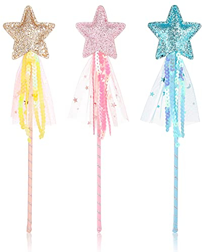 Chutoral 3 Stück Stern Zauberstab Prinzessin Zauberstäbe Fee Glitzer Stern Zauberstab Feenstab für Mädchen Weihnachten Halloween Geburtstagsfeier Dekoration (Gold&Rosa&Blau)