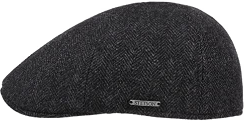Stetson Texas Wool Herringbone Cap Flatcap Schirmmütze Mütze Gatsbymütze Wollcap Herren - Wintercap mit Schirm, Futter Winter Herbst-Winter - M (56-57 cm) schwarz-grau