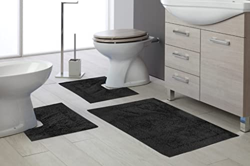 tappeto da bagno art. tenero morbido e folto assorbente con antiscivolo sotto vasca doccia lavabo lavandino bidet e wc water toilette 100% cotone (3 PEZZI (1PZ 50X80CM + 2PZ 50X40CM), NERO)