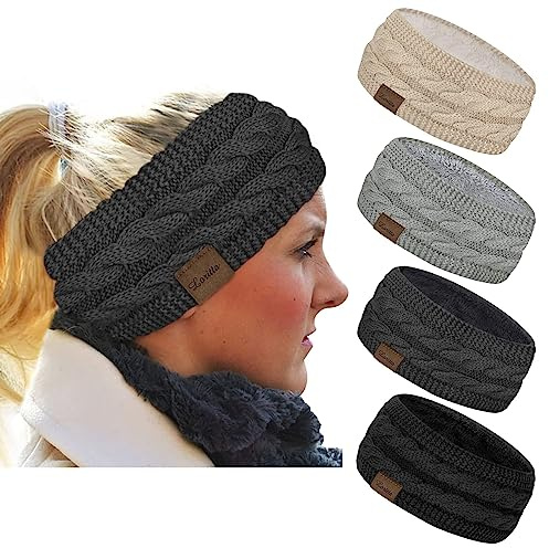 Loritta 4 Pack Womens Winter Headbands Fuzzy Fleece Lined Ear Warmer Cable Knit Thick Warm Crochet Headband Gifts,Multi F