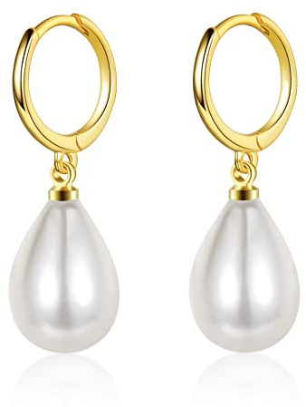 Sterling Silver Pearl Hoop Drop Earrings for Women, Hypoallergenic TearDrop Pearl Small Hoop Earrings with 10 mm Pearl Gold Hoops Dangle Earrings for Ladies Girls Bride Jewellery Wedding Gifts