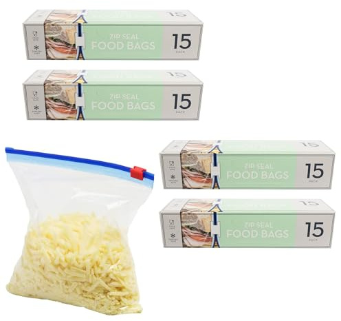 60 sacchetti multiuso per alimenti, 1 l, richiudibili, con cerniera, senza BPA, chiusura ermetica per mantenere i prodotti freschi, congelare, trasportare e organizzare (4 confezioni)