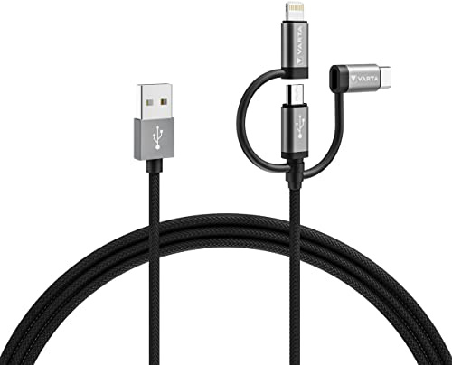 Varta 3in1 Speed Charge & Sync cable (USB A to Micro USB, USB Type C, Lightning), MFI, power and data transfer, 2m, black, nylon