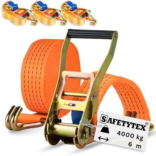 Safetytex Spanngurt 4 t 6 m 50 mm Ratsche Spitzhaken zweiteilig (4 Stück) | DIN EN 12195-2, LC 2000/4000 daN, Zurrgurt, LKW, Anhänger, Spedition, 100 % Polyester, Profiqualität