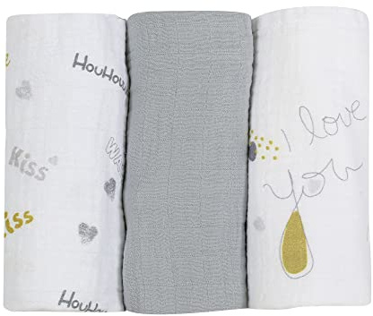 Trois Kilos Sept - Babywindeln, Öko-Tex-Zertifiziert, 70 x 70 cm, Motiv I Love You, 3 Stück