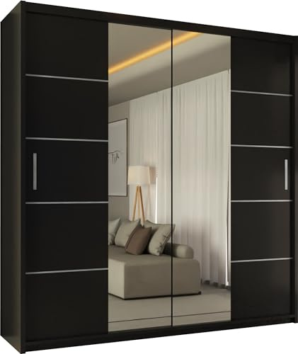 SLIDING WARDROBE 4U Winnipeg Double Door Sliding Mirror Wardrobe with Adjustable Shelves and Hanging Rails (Black, 120cm)