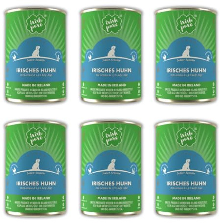 Irish Pure Premium Junior Nassfutter für Hunde | 6 x 390g | irisches-Huhn | Vitamine | Getreidefrei | Sensitiv | mit Superfood Kelp-Alge | Nassfutter für alle Rassen