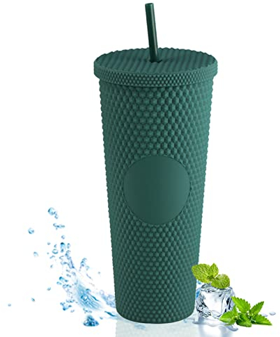 WMLBK Nieten Becher mit Deckel und Strohhalm,710ml Strohbecher Doppelwandige Kaltbecher Wiederverwendbar Plastik Trinkbecher für Saft Kaffee Home Office Wiederverwendbar (Dunkelgrün)