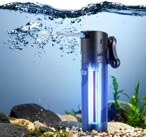 Flexzion Aquarium Filter U-V, 200 Gallon Fish Tank Filter with U-V Light for Green Control Cleaning, 200GPH Submersible Aquarium Pump for Turtle Tank, Freshwater Crystal Clear & Saltwater