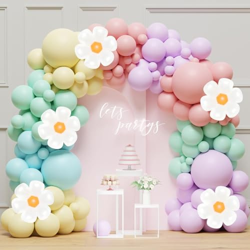 Arche Ballon Arc En Ciel Decoration Anniversaire Fille, Arche de Ballon Pastel et Ballons Marguerite, Ballons de Baudruche pour Deco Anniversaire, Mariage, Baby Shower, Gender Reveal Party, Bapteme