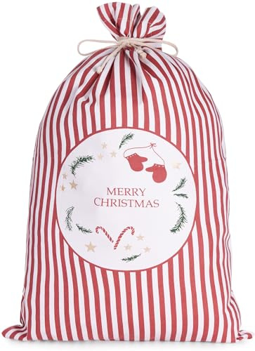 BRUBAKER Weihnachtssack Merry Christmas Rot Weiß - 80 cm Geschenksack Weihnachten - Nikolaussack Sack Baumwolle mit Kordel für Geschenke - Tanne, Sterne, Zuckerstange und Handschuhe