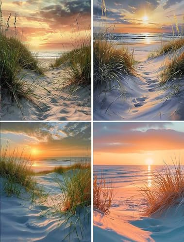 4 Stück Diamond Painting Full Set,Sonnenuntergang Diamond Painting Erwachsene Kinder,DIY 5D Strand Diamant Malerei Bilder,4er Set Strass Stickerei Painting für Wand Dekorationen und Geschenk 15x20cm