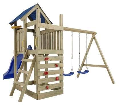 Outgarden Spielturm Klettergerüst Speedy aus KDI-Holz | Spielhaus mit blauer Rutsche & Doppel-Schaukel | Sandkasten, Leiter & Kletterwand | Outdoor Stelzenhaus für Kinder & Garten | 355 x 386 x 258 cm