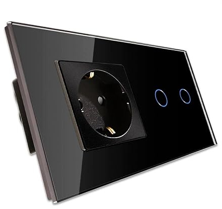 PULSAR Touch Lichtschalter/Steckdose Unterputz 2-Fach Glas Schwarz | Touch Schalter mit Steckdose 230v Unterputz 2 Fach Glas Schwarz, Sensor Serienschalter Lichtschalter ohne Neutralleiter