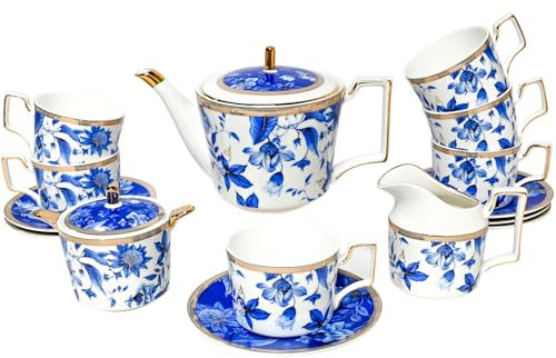 LE POTOCIO Service à thé en porcelaine anglaise pour adultes, service à thé en porcelaine bleue et blanche, ensemble de tasses à thé en porcelaine anglaise avec théière, crème, sucrier et cuillères à