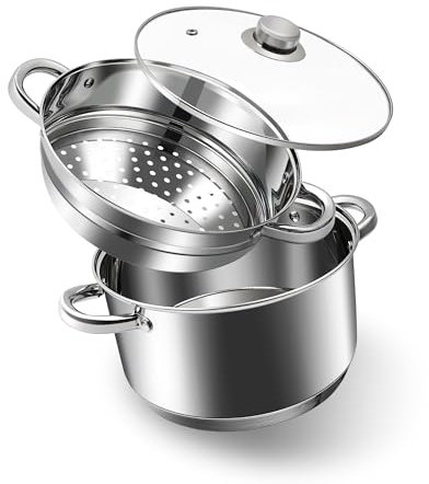 AuFranc® 4 Quart 18/10 Stainless Steel Tri-ply Stockpot and Steamer with Tempered Glass Lid, Multipurpose Steamer Pot Compatible with All Cooktops, Non-Toxic Soup Pot, Oven & Dishwasher Safe (Silver)