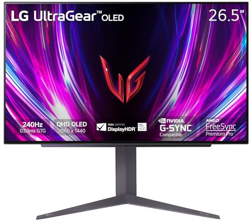LG ‎27GS93QE 27-inch Ultragear OLED Gaming Monitor QHD 240Hz 0.03ms DisplayHDR True Black 400 AMD FreeSync Premium Pro NVIDIA G-Sync HDMI 2.1 DisplayPort Tilt/Height/Pivot Stand Black