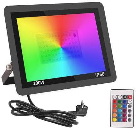 Fosingut RGB Focos Led Exterior,100W Foco Proyector LED Exterior Regulable con Control Remoto,Impermeable IP66 Lámpara RGB Foco Led Interior 16 Colores 4 Modos Para Fiesta,Jardin,Navidad,Paisaje Deco