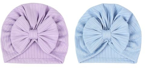 Hrlace 2 Stück Babymütze Neugeborene Babymütze Weiche Baby Turban Mütze mit Schleife Infant Beanie Mütze Säugling Mädchen Jungen Mütze für Baby Neugeborene Kleinkinder Hellviolett + Hellblau