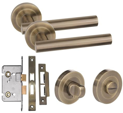 Golden Grace T-Bar Bathroom Door Handle Lock Set, Antique Brass | Includes 1 pair of handles on a sleek rose base with thumbturn and mortise lock to withstand high bathroom humidity.