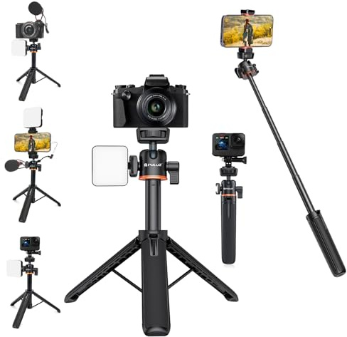 PULUZ Selfie Stick Tripod with Cold Shoe+360° Ball Head+1/4 inch Screw | 55cm 2-in-1 Action Camera Tripod Stand for DJI Osmo 360 Action 5 Pro Pocket 3 Ation3 4 for GoPro for Insta360 X5 X4 X3 ONE X2
