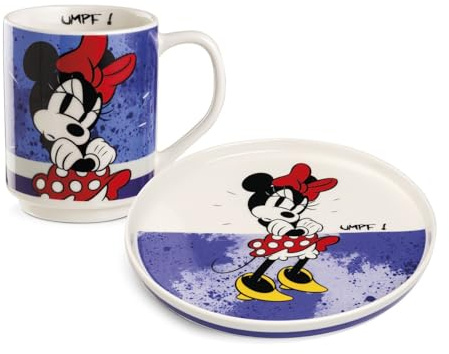 Egan Set di piatti e tazze impilabili, collezione I AM di Topolino e Minnie, in porcellana, lavabile in lavastoviglie e adatto al microonde, set per colazione caffè e snack (viola MINNIE)