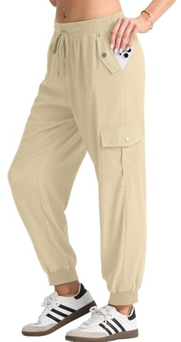 GRECERELLE Ladies Cargo Trousers Womens Summer Hiking Joggers Pants for Women UK with Elastic Waist Cuffed Ankles for Travel Outdoor Streetwear (Apricot, M)