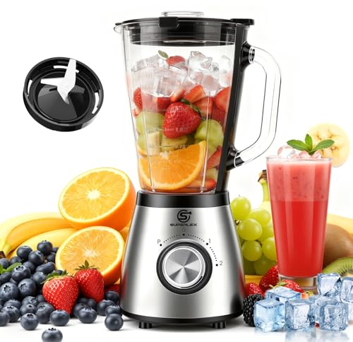 SUPERLEX Standmixer 800W Hochleistungsmixer mit 1,5L Glasbehälter 2 Geschwindigkeitsstufen plus Pulse Edelstahl Mixer Smoothie Maker Blender für Smoothies Juices Shakes Saucen