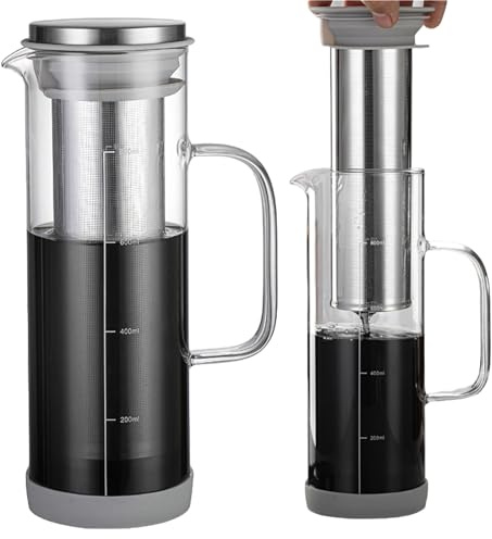 BAIFULAI Cold Brew Coffee Maker 800 ml, vidrio de borosilicato, jarra de cerveza fría, jarra de cristal con mango de cristal, filtro de acero inoxidable 304, cafetera para café helado, té helado