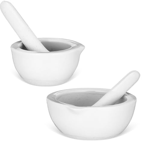 VILLCASE 2er Set Mörser mit Stößel, 2 Größen Porzellan Mörser Stößel Set Keramik Mini Mortar für Gewürze und Kräuter, Küche und Labor Zubehör (6cm & 9cm)