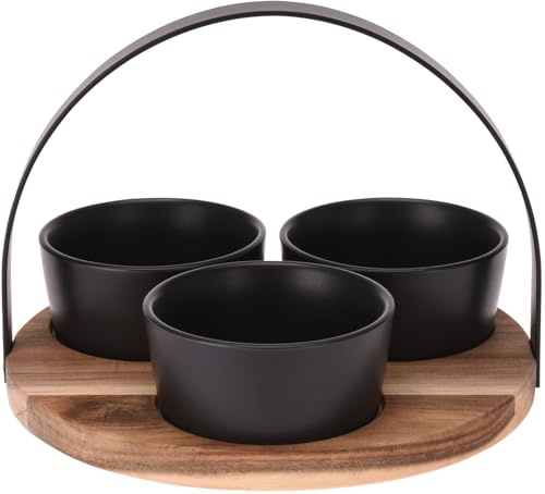 Muddy Hands 4-Piece Serving Set with Wooden Tray & 3 Black Ceramic Bowls – Modern Appetizer, Snack, Tapas & Dip Server with Carry Handle