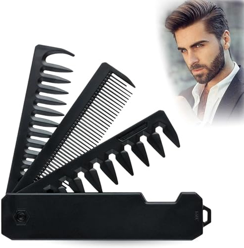 Tragbarer Klappkamm für Herren,3-in-1 Haarkamm Männer,Tägliche Bartpflege,Klappkamm Herren mit Feine Zahnung und Grobzinkiger Kamm,Kompakt & Reisetauglich