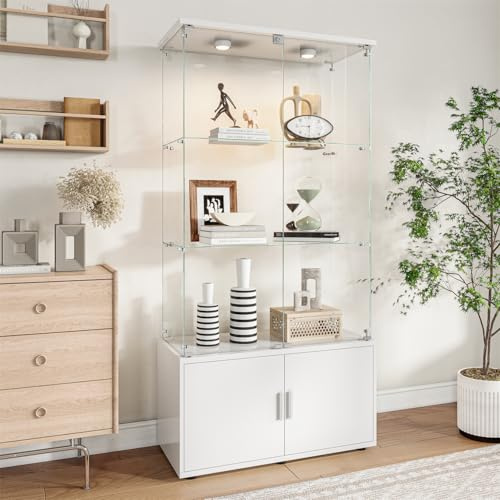 ZSSWSS Glasvitrine Standvitrine,Glasschrank Vitrine, 4 Lagen & 2 Abschließbaren Türen,Vitrinenschrank aus Holz & Glas für Sammlervitrine,Bücher und Wein,Weiß A