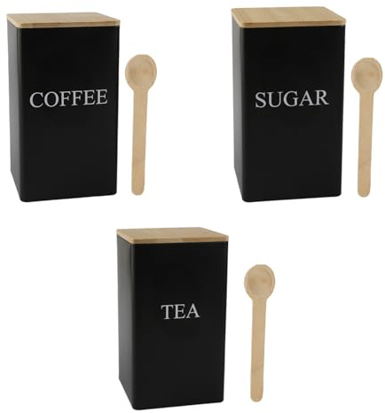 Tabanzhe 3 Pcs Tea Coffee Sugar Canisters with 3Pcs Spoon–Kitchen Storage Jars Set with Airtight Bamboo Lids Metal and Square Containers for Counter, Home & Food Storage, Black Vintage Style