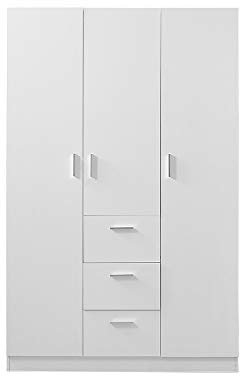 Panana 3 Door 3 Drawer Wardrobe with Hanging Rail and Shelves, Large Wooden Clothes Storage Cupboard with Metal Handles, Easy to Assemble Bedroom Wardrobe, 115 x 50 x 180 cm (White)
