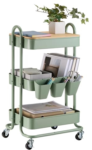 VonHaus Sage Green Storage Trolley - 3 Tier Bathroom Storage with 4 Wheels