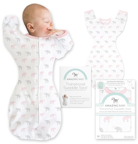 Amazing Baby Übergangs-Pucksack Baby, Pucktuch & Puckschlafsack für Neugeborene mit Arme-nach-Oben-Design, halblangen Ärmeln & Fäustling-Bündchen, M, 3-6 Monate, Tiny Elephants, Pink