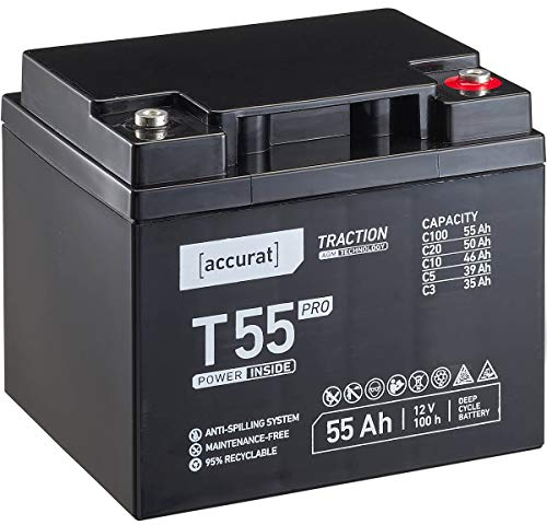 Accurat Traction T55 Pro AGM Bleiakku -12V, 55Ah, +30% Startleistung, wartungsfrei, zyklenfest -VRLA batterie, Bootsbatterie, USV Batterie, Versorgungsbatterie, Solarbatterie,Blei Batterie für Camping