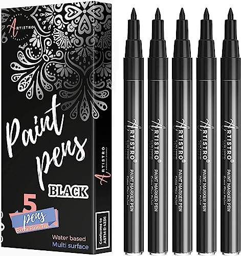 Artistro Feutres Noirs Pour Peinture sur Roche, Pierre, Céramique, Verre, Bois, Pneu, Tissu, Métal, Toile. Set de 5 Marqueurs Noirs à Base d'Eau Pour Peinture Acrylique, Pointe Extra Fine