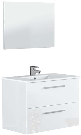 Miroytengo Mueble de Baño Suspendido Aruba Estilo Contemporáneo en Color Blanco con 2 Cajones y Espejo 80x45x57 cm (Lavabo Cerámico)