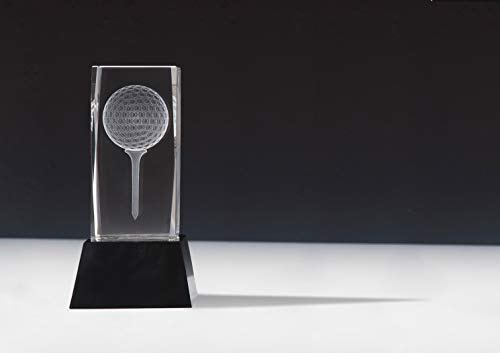 Henecka Golf-Pokal, Glastrophäe 3D-Lasermotiv Golf, Kristallglas, schwarzer Glassockel, mit Wunschgravur, Größe 14 cm