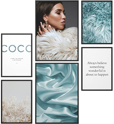 Papierschmiede® Set Mood Posters, Tableau Décoration Murale sans cadres « Coco Blue Furry » Bureau, Salon, Deco Chambre Parentale, Cuisine, 2x 30x40cm et 4x 20x30cm, bleu fourrure soie Madame