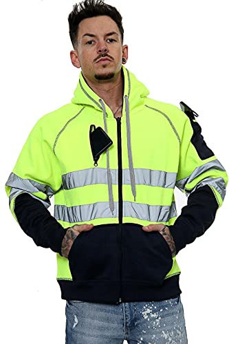 janisramone® Herr Hi Vis reflekterande synlighet huvtröja kontrast lapp fleece sweatshirt arbete huvtröja jacka, herr fleecejackor full dragkedja, Hi Viz arbetshuvtröjor för män, pullover arbetströja