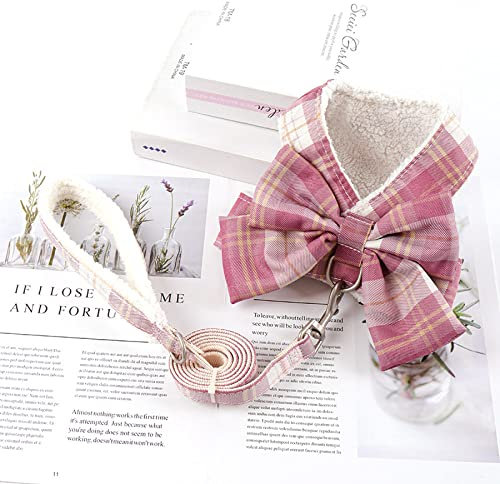 Hundegeschirr und Leine Set Snack Tasche Weich Warmhalten Niedliche Schleife Katzengeschirre Leine für kleine mittelgroße Hunde Weste Outdoor Walking,Rosa,xs