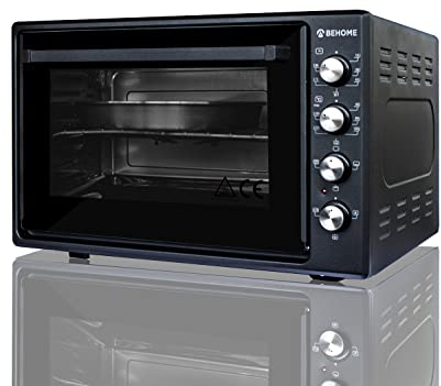 BEHOME Four électrique 70L à chaleur tournante, tournebroche, température 320°, double vitre, auto-nettoyant, 2 plaques et 1 grille, émaillé noir