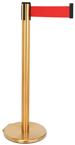 QueuePole.Deluxe 41 Crowd Control Stanchion with 10' Retractable Barrier - Gold Post, Red Belt (RCCDXBZRED)