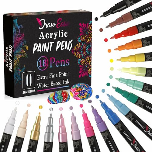 Draw Ease Acrylic Paint Pens Set of 18 Colors, 0.7mm Tip Glass Pens with Extra Fine Point & Water Based Ink - Acrylic Pens Suitable for Porcelain, Wood, DIY Craft, Mug Design, Rock Painting, & Ceramic