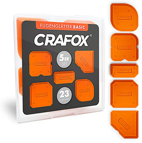 CRAFOX® Fugenglätter 5er SET ORANGE | das Tool für perfekte Fugen | Silikon Abzieher mit 23 Fugenformen | Fugenabzieher inkl. Aufbewahrungsbox | Acryl & Silikonabzieher | Glätter Spachtel Werkzeug